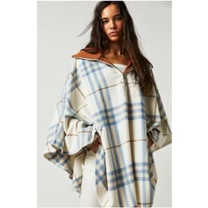 Free People Women's Woodstock Brushed Plaid Poncho Color Oat Combo Size All